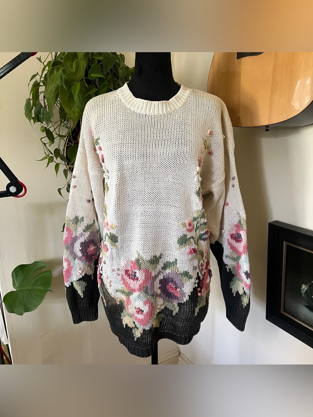 Vtg 90s Rebecca Stone Ramie Cotton Floral Oversized Sweater - Size Medium
